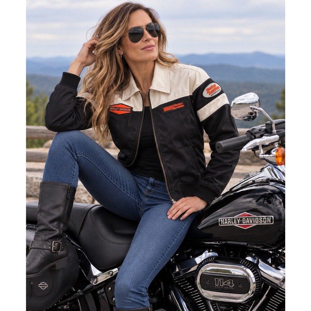Harley-Davidson Women’s Medium Black Cream Cotton Motorcycle Jacket Vintage